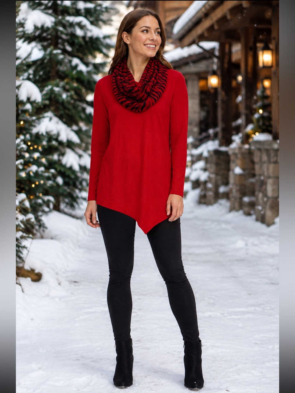 🎄 89th + MADISON Red Asymmetric Hem Sweater Matching Red & Black Scarf NWT 2X